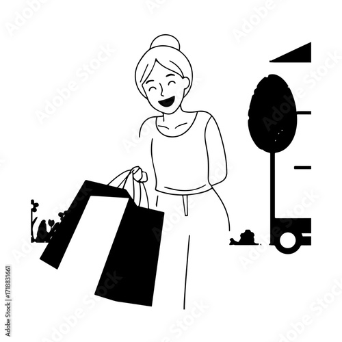 Black and white line art of a beautiful happy woman carrying shopping bags minimalist cheerful illustration