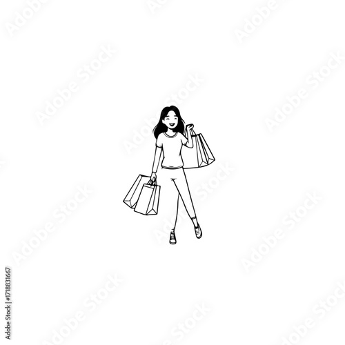 Black and white line art of a beautiful happy woman carrying shopping bags minimalist cheerful illustration