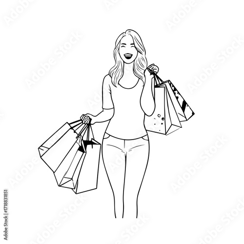 Black and white line art of a beautiful happy woman carrying shopping bags minimalist cheerful illustration