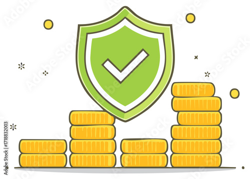 Financial security with growing coin stacks protected by a green shield checkmark