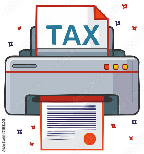 Cartoon printer ejects tax document with seal, depicting financial theme