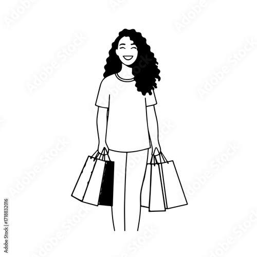 Black and white line art of a beautiful happy woman carrying shopping bags minimalist cheerful illustration