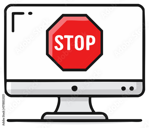 Computer monitor with a red stop sign graphic, internet safety concept.
