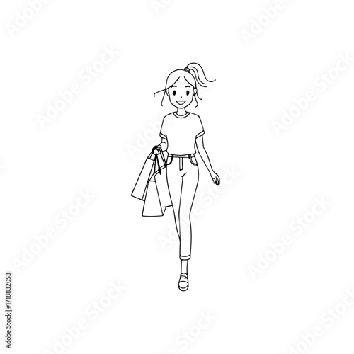 Black and white line art of a beautiful happy woman carrying shopping bags minimalist cheerful illustration