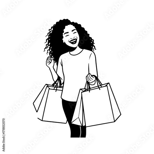Black and white line art of a beautiful happy woman carrying shopping bags minimalist cheerful illustration