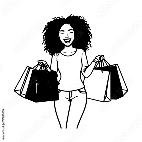 Black and white line art of a beautiful happy woman carrying shopping bags minimalist cheerful illustration