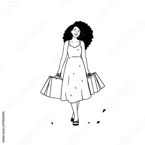 Black and white line art of a beautiful happy woman carrying shopping bags minimalist cheerful illustration