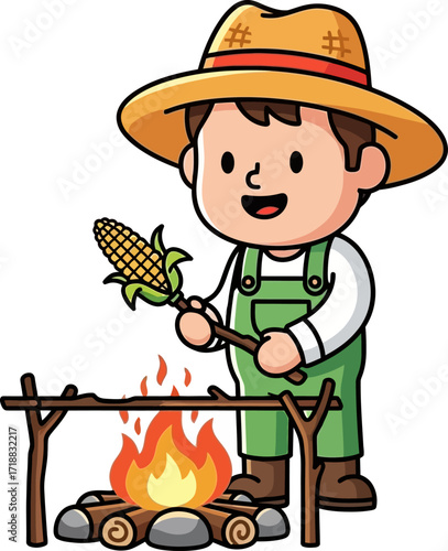 happy farmer roasting corn a delightful harvest scene, isolated on transparent background
