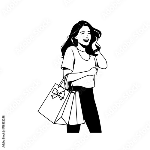 Black and white line art of a beautiful happy woman carrying shopping bags minimalist cheerful illustration