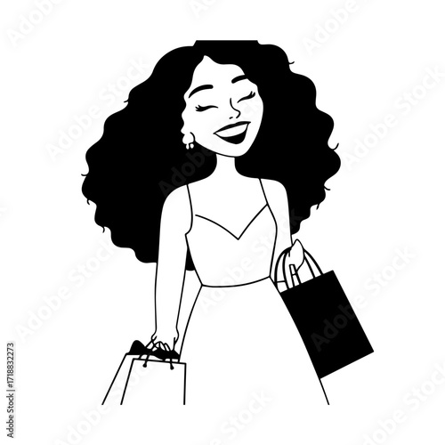 Black and white line art of a beautiful happy woman carrying shopping bags minimalist cheerful illustration