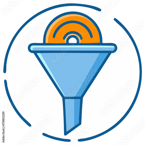 Data funnel icon processes information inside a circle outline design element