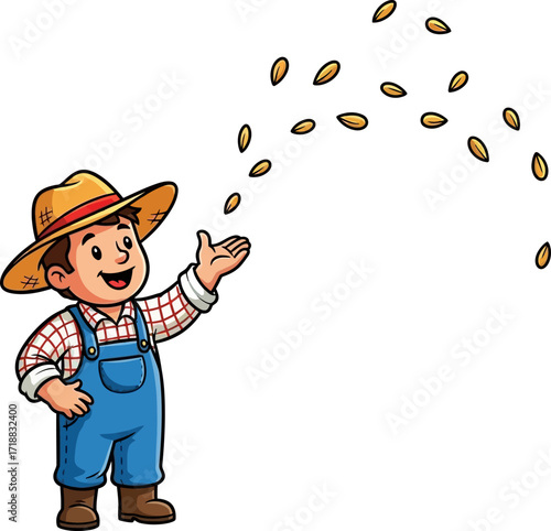 happy farmer sowing seeds a cartoon of springtime hope, isolated on transparent background