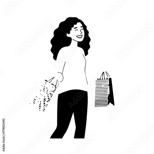 Black and white line art of a beautiful happy woman carrying shopping bags minimalist cheerful illustration