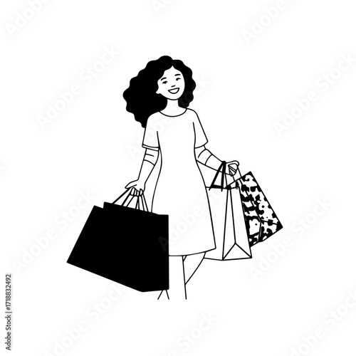 Black and white line art of a beautiful happy woman carrying shopping bags minimalist cheerful illustration