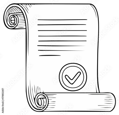 Vintage detailed line art of a historic rolled document with text lines and a successful checkmark