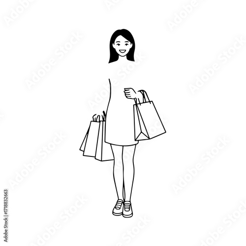 Black and white line art of a beautiful happy woman carrying shopping bags minimalist cheerful illustration