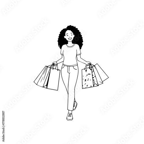 Black and white line art of a beautiful happy woman carrying shopping bags minimalist cheerful illustration