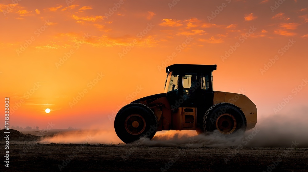 Obraz premium Construction roller vehicle compacting dirt on dusty ground against vibrant sunset sky with clouds