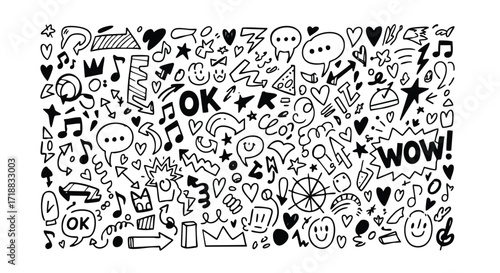 Whimsical doodle art with fun hand drawn elements like hearts, stars, music notes, and speech bubbles, perfect for playful backgrounds and designs