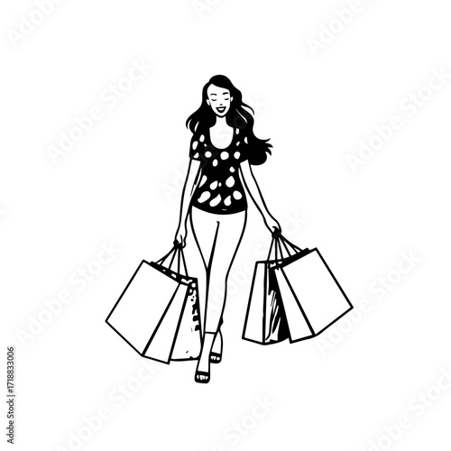 Black and white line art of a beautiful happy woman carrying shopping bags minimalist cheerful illustration