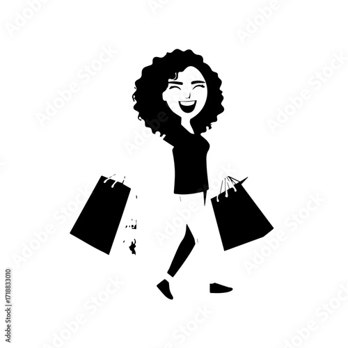 Black and white line art of a beautiful happy woman carrying shopping bags minimalist cheerful illustration