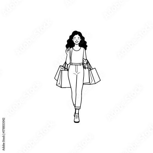 Black and white line art of a beautiful happy woman carrying shopping bags minimalist cheerful illustration