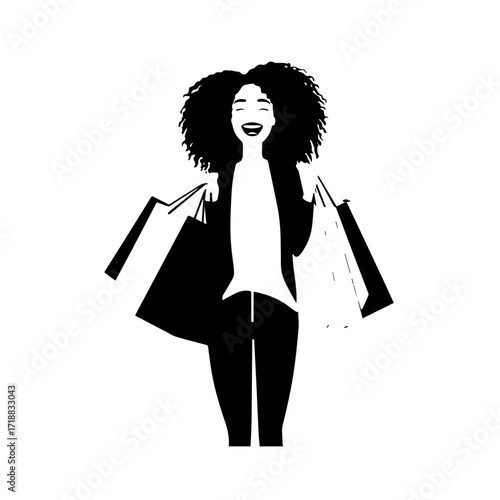 Black and white line art of a beautiful happy woman carrying shopping bags minimalist cheerful illustration