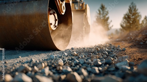 Close up of  yellow steamroller compacting gravel and dirt on  road construction site with dust flying under  bright sky