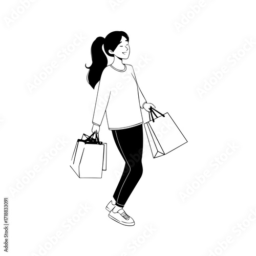 Black and white line art of a beautiful happy woman carrying shopping bags minimalist cheerful illustration