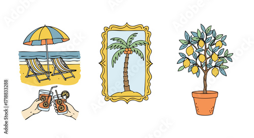 Dreamy summer vibes with beach chairs, tropical palm tree art and a potted lemon tree bring a touch of vacation into your designs and creative projects