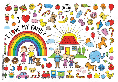 Vector illustration of illustration of happy family and childhood drawing with rainbow and house