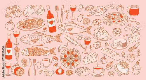 Delightful doodle collection featuring delicious food, fresh fish, wine, and comforting drinks perfect for culinary themes