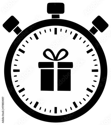 A stopwatch with a gift box icon symbolizing a limited time offer, last minute shopping, or a holiday countdown