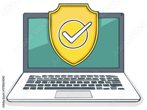 Laptop with a yellow shield and checkmark symbol indicating digital security and protection