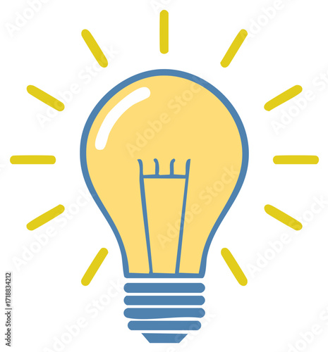 Cartoon style light bulb emits rays of light with blue base, idea generation