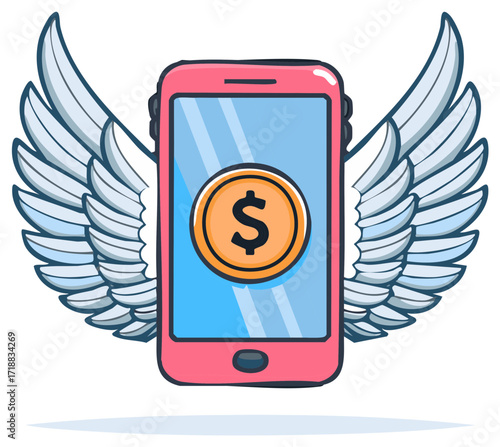 Flying Smartphone with Dollar Coin App Symbolizing Financial Freedom or Fast Transactions