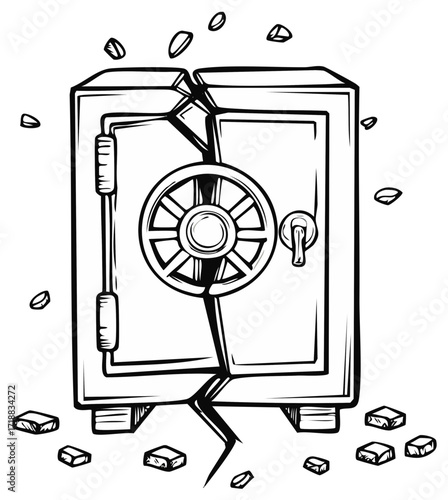 Hand drawn cracked bank safe symbolizing financial crisis security breach and failure