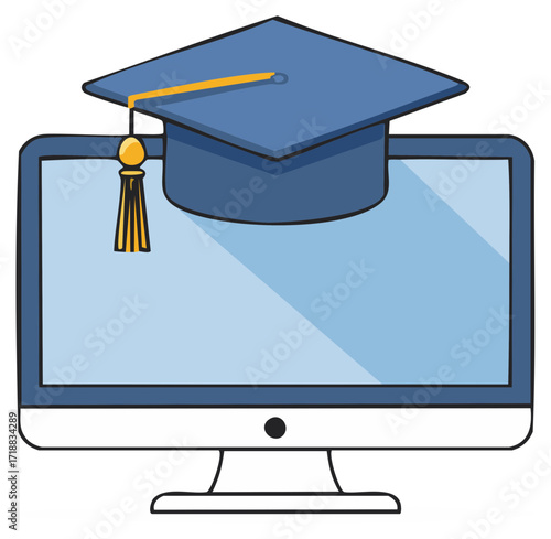 Computer monitor with graduation cap concept of online education and learning