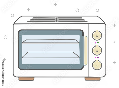 Cartoon illustration of a white microwave oven with controls and door