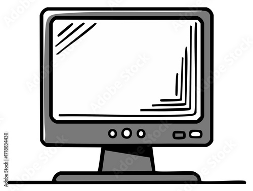 Retro Desktop Computer Cartoon Drawing, Vintage Style Display, Nostalgic Technology Device, Office Equipment Sketch Illustration