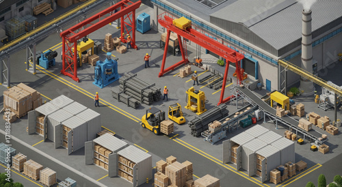 Isometric view of an industrial complex showing factory buildings, machinery, and workers.