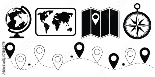 Travel and Navigation Icon Collection,  Globe, World Map, Compass, and Location Pin Symbols Isolated on Transparent Background for Map Design, Travel Apps, Website UI, and Digital Projects
