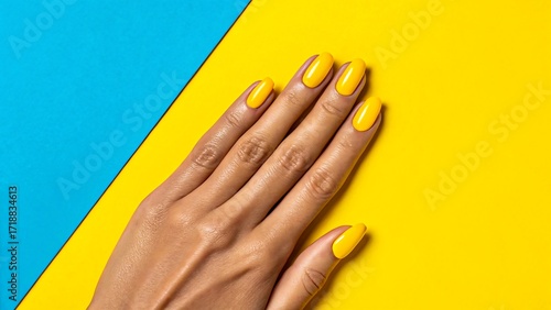 Female hand with yellow manicure on vibrant background
