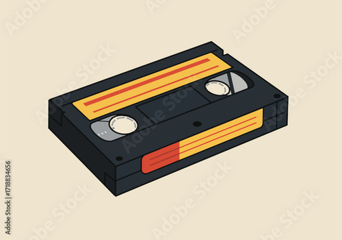 Retro VHS video cassette tape illustration,  black casing, orange and red labels.