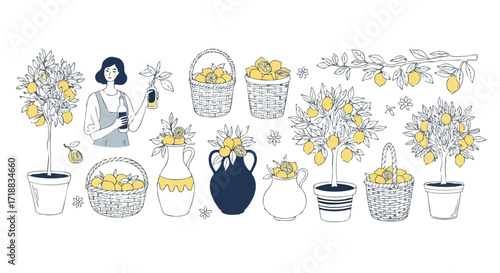 Vibrant lemon trees, fresh fruit baskets, and a stylish woman enjoying a refreshing drink create a charming, sunny scene perfect for summer lifestyle and decor projects.