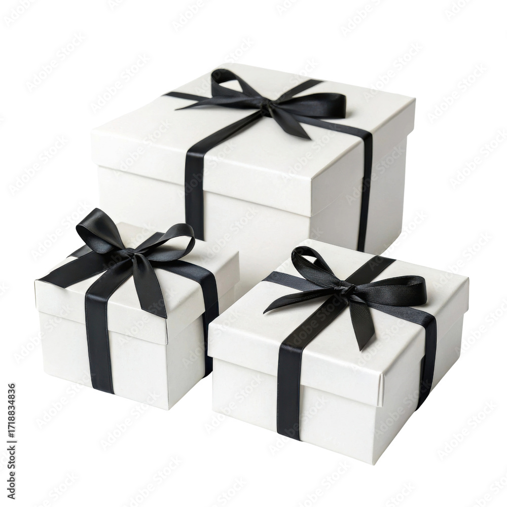 Obraz premium Elegant white gift boxes with black ribbons stacked together create festive atmosphere perfect for celebrations