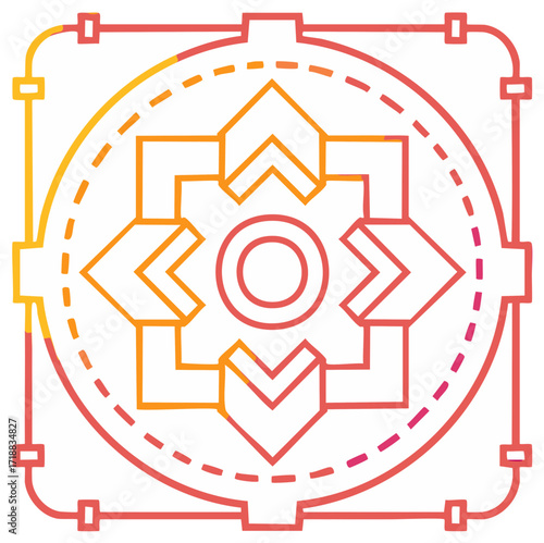 Abstract geometric emblem with concentric circular and square elements in a gradient of pink and orange hues.