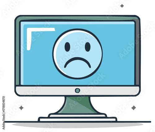 Sad Face Icon Displayed on Computer Screen, Cartoon Style