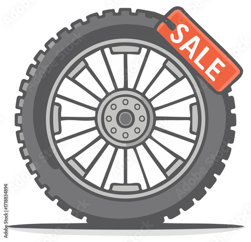 Car Tire Wheel with a Red Sale Tag Promotion Offers Vehicle Auto Industry