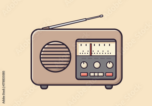 Illustration of a vintage-style radio with an antenna, speaker, tuning dial, and buttons on a tan background.